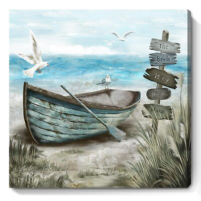 #ad Bathroom Wall Art Coastal Dß©cor Nautical Boat on Beach Canvas Picture Ocean ... $24.30