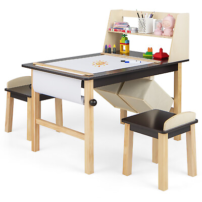 #ad Kids Art Table amp; Chairs Set Wooden Drawing Desk w Paper Roll Storage Shelf Bins $125.99