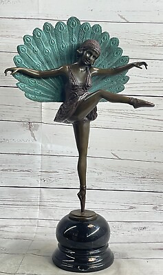 #ad NEW ART DECO Bronze Marble Nude Belle and Peacock Sculpture Marble Base Figurine $249.50