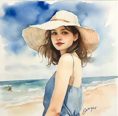 #ad #ad Girl at the beach watercolor Painting Wall picture Art Print #1 $16.00