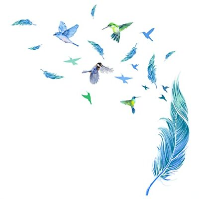 #ad Blue Feather Wall Decals Birds Murals Creative Feather Decor Wall Sticker R... $16.65