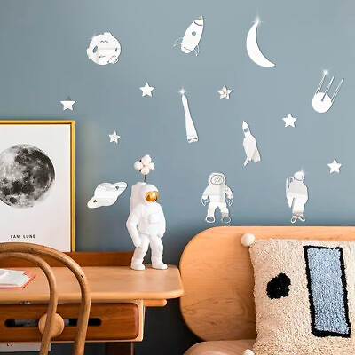 #ad Acrylic Cartoon Astronaut Space Rocket Mirror Wall Stickers Kids Bedroom Decor $8.35