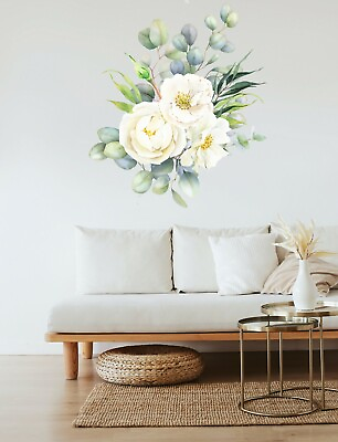 #ad Eucalyptus Summer Bouquet Wall Decal Sticker Watercolor White Flowers Removable $44.99