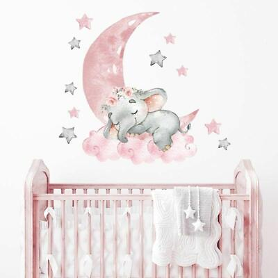#ad Cartoon Pink Baby Elephant Wall Stickers Decals Baby Nursery Girl Room Decor $13.99