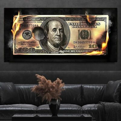 #ad Burning 100 Dollar Inspirational Wall Art Canvas Painting Living Room Decoration $19.99