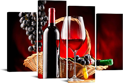 #ad 4Pieces Kitchen Wall Art Decor Black and Red Wine Grapes Canvas Picture Artwork $79.99