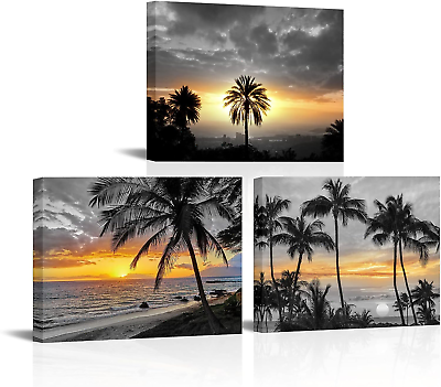 #ad Palm Tree Wall Art Ocean Beach Sunset Landscape Painting Tropical Seascape Palm $66.06