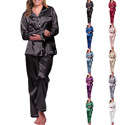 #ad Women#x27;s Classic Button Down Long Satin Silk Pajama Set Long Sleeve Nightwear PJS $16.79