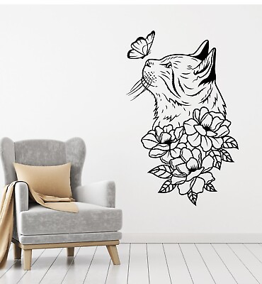 #ad Vinyl Wall Decal Abstract Cat Head Flowers Butterfly Stickers Mural g6227 $21.99