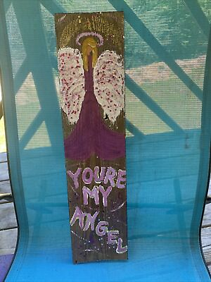 #ad Rustic angel on wood spiritual art painting reclaimed Wood 23x6 $65.00