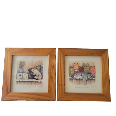 #ad Marty Fyne set of 2 original signed cat prints wood framed art kitchen cottage $45.00