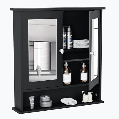 #ad Home Bathroom Wall Mount Cabinet Storage Shelf Over Toilet w Mirror Door Black $51.50