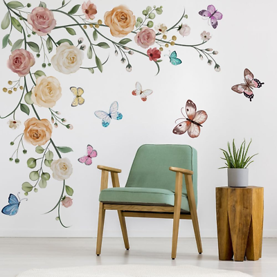 #ad #ad Hanging Flower Vine Wall Art Stickers Peony Floral Butterfly Wall Decals for Gir $25.35