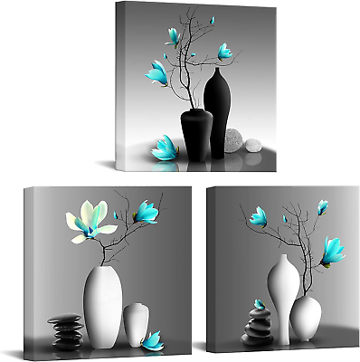 #ad #ad Modern Flower Painting Teal Orchid Wall Art Framed Set of 3 Zen Stones Turquoise $61.39