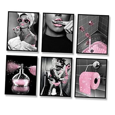 #ad Fashion Wall Art Bathroom Wall Decor Prints Set of 6 Black 8quot;x10quot; UNFRAMED Pink $26.11