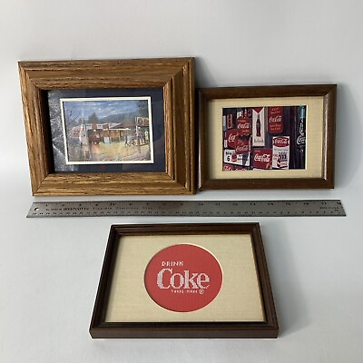 #ad #ad Lot Of 3 Framed Coke Related Small Art Pieces Needlepoint Photo Print Oil Gas $15.00
