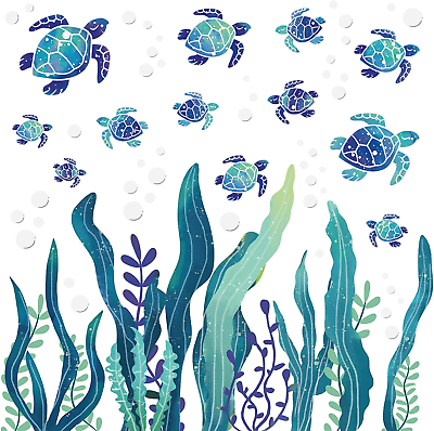 #ad 2 Sets Sea Turtle Wall Decals 3D Ocean Grass Seaweed Stickers Under The Sea Wall $14.43