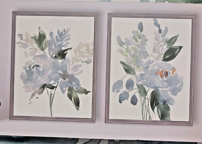 #ad #ad PD 2pc Wall Art Set Light Blue Floral Bouquet Paintings Gray Frame 14x18in $73.89