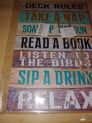 #ad Art Tin DECK RULES Sign Vintage WALL POOL DECOR PATIO LANAI wood sign Drink $6.99