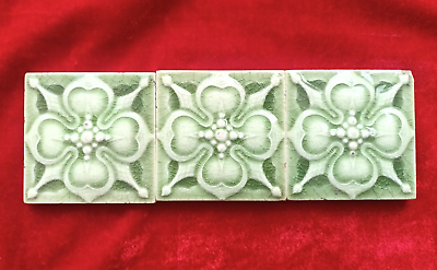 #ad 3 Pieces Lot Art Deco Floral Design Embossed Majolica Ceramic Tiles England 0336 $150.00