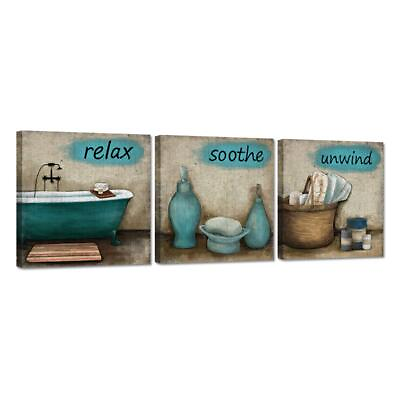 #ad 3 Pieces Bathroom Canvas Wall Art Teal Style Bathtub Bath Set Towel Relax Soo... $50.48