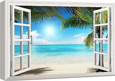 #ad 24quot;x36quot; Tropical Beach Nature Landscape View through Window Canvas Wall Art $44.99
