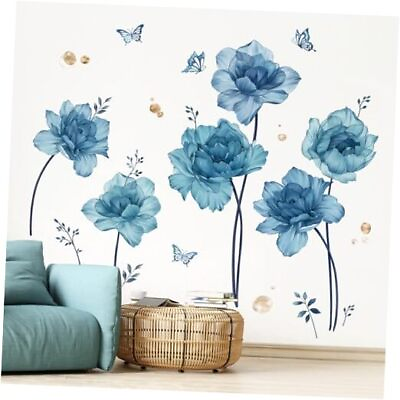 #ad Large Blue Flowers Wall Stickers Peony Floral Plants Butterfly Peel and Stick $21.59