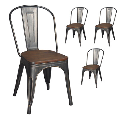 #ad Set of 4 Metal Dining Chairs Industrial Kitchen Chairs w Wooden Seat Blackgold $139.95