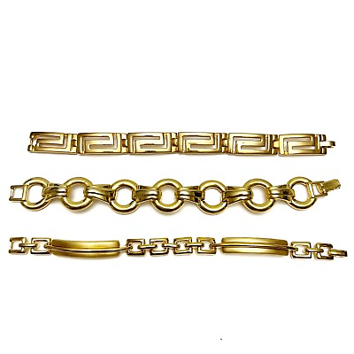#ad Vintage Lot of 3 Goldtone Chunky Link Bracelets Greek Key Circle Bar Square Etc $22.49