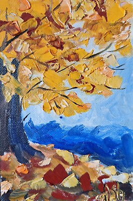 #ad #ad Original oil on canvas painting fall landscape #6 yellow tree small art 6x4quot; $20.00