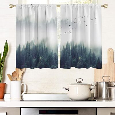 #ad Green Forest Window Curtains for Kitchen Tree Woodland Floral White Grey Fog ... $28.27
