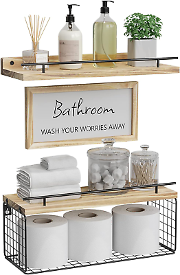 #ad WOPITUES Floating Shelves with Bathroom Wall Décor Sign Wood Floating Bathroom $36.32