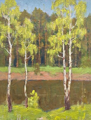 #ad Original Painting Vintage Home Decor Wall Art Nature Artwork Forest Spring $144.00