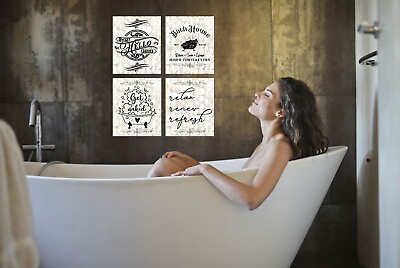 #ad Set of 4 8x10 White Texture Bath Funny Bathroom Wall Art Canvas Prints $41.48