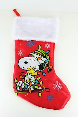 #ad Peanuts Snoopy Satin Hanging Christmas Stocking 15quot; Red White EUC $24.99