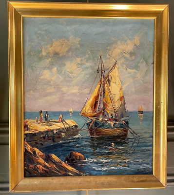 #ad Antique Painting Oil Canvas Navy Framed Animated Cardboard Wood Gilt Sign Rare $699.00