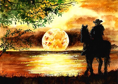 #ad Cowboy At The Lake Cowboy Art Print Sunset ArtCountry Art Western Art Print $35.00