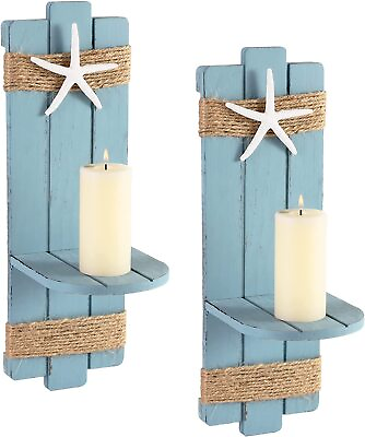 #ad Set of 2 Beach Starfish Wall Candle Sconces Holders Nautical Rustic Decorations $55.99