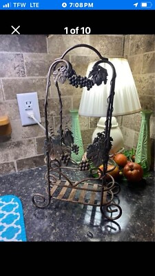 #ad Vintage 1970’s Wrought Iron Wine Rack With Metal Grape Decor $36.89