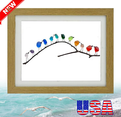 #ad Sea Glass Rainbow Birds Wall Art Framed Unique Handmade Rainbow Birds Ornament $16.88