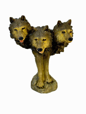 #ad 3 Wolf Heads Bust Sculpture Figurine 8.5” Resin Folk Art Table Decor $60.00