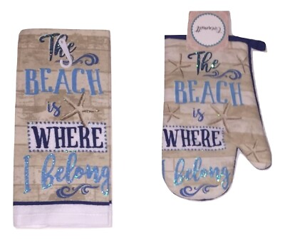 #ad Coastal Kitchen Towel Oven Mitt 2 pc Set The Beach Is Where I Belong $14.99