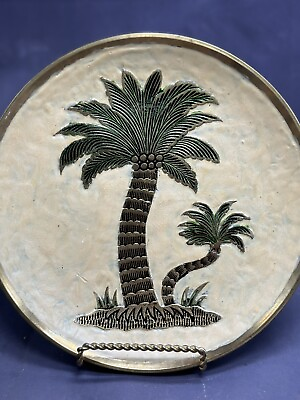 #ad Solid Brass Enamel Palm Tree Plate Wall Decor Beach Decor Art Island Life $22.00