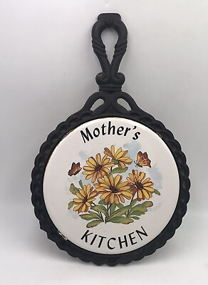 #ad Mid State Cast Iron Tile Trivet Mother’s Kitchen Flowers Vintage $13.99