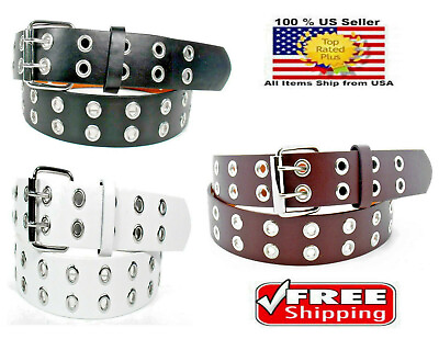#ad Men Women Unisex 2 Holes Row Grommet Bonded Leather Belt Removable Metal Buckle $9.25