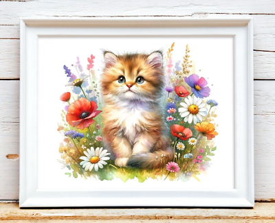 #ad Cat Wall Art Print Kitten and Wildflowers Art Print Wall Art Decor Home Decor $9.99