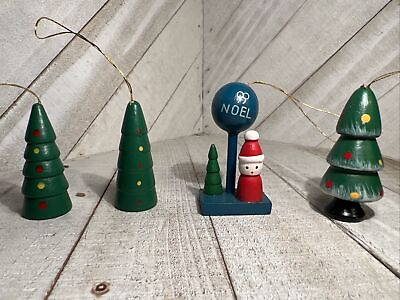 #ad Vintage Tree Themed Ornament Wooden Santa Hand Painted Christmas Lot 4 $10.00