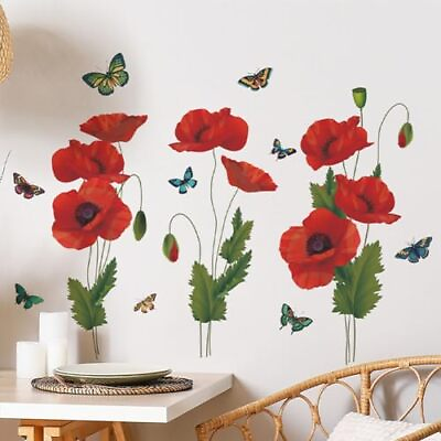 #ad Spring Wall Decals Spring Flowers Butterfly Wall Stickers Peel and Stick Red $20.23