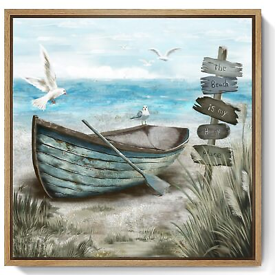 #ad Framed Wall Art Beach Décor Ocean Canvas Picture Coastal Artwork Sea Bird Boa... $34.66