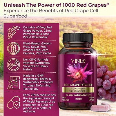 #ad Vinia Red Grape Powder Rapid Absorbtion Piceid Resveratrol 30 Veggie Capsules $49.99